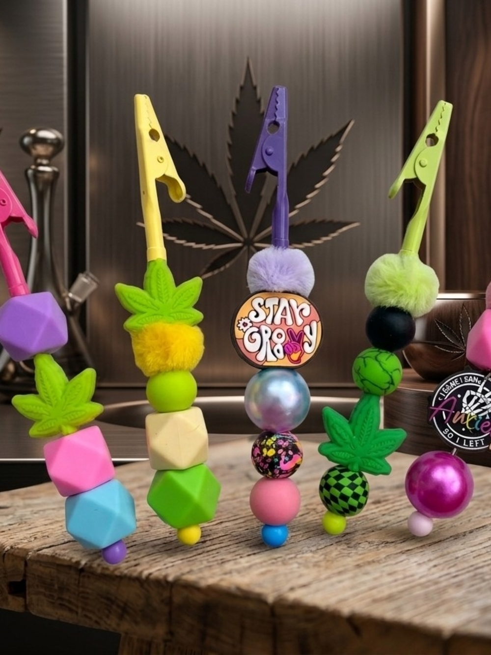 Colorful Clip Bead Keychain - Green, Purple, Pink, Yellow